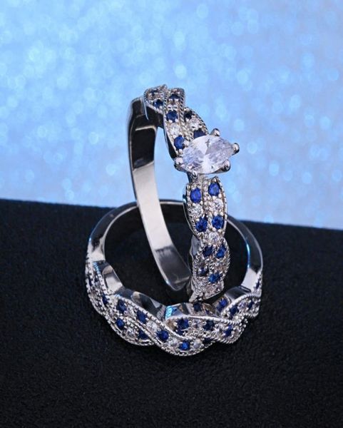Novo chegada de luxo 2pcsset clássico marquise corte prateado diamante diamante cz anel de casamento de jóias tamanho 6126467580