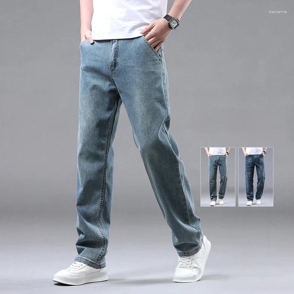 Jeans da uomo in cotone estate sciolto dritto per uomini affari tratto e stirpe di jeans pantaloni in denim pantaloni maschi venati