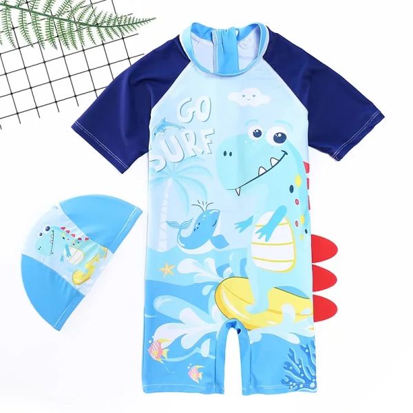 Ternos fofos meninos maiô com chapéu cartoon dinossauros baleias imprimem criança maiô de banho infantil roupas de banho de um pedaço de maiô infantil infantil