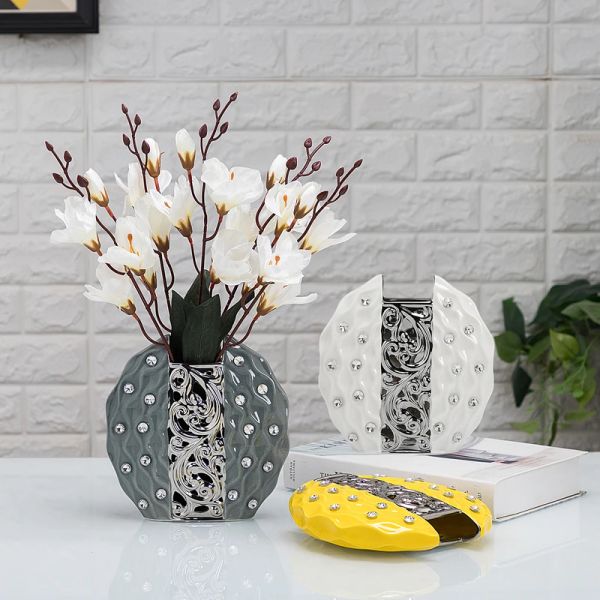 Filmes Vaso de cerâmica Open Work Silver Diamond Flower Acessórios Acessórios Vaso de flores Acessórios para decoração de casa Vasos amarelos Potes