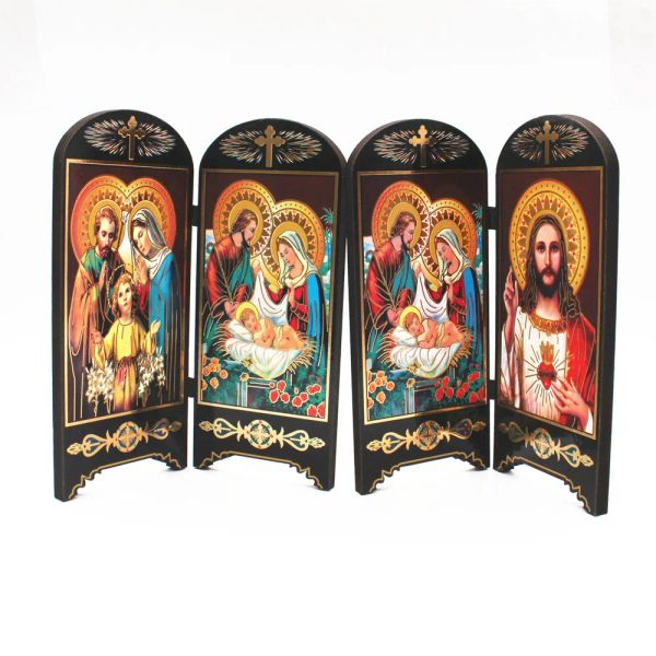 Decoração Ícones ortodoxos de madeira católica Jesus Virgen Maria Double Screen Ornamentos