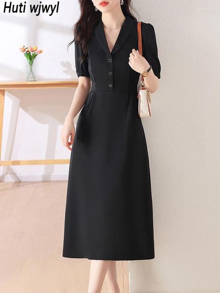 Parti elbiseleri yaz kısa kollu katı v yaka siyah takım elbise 2024 Koreli zarif bodycon elbise kadın moda ofis bayan uzun