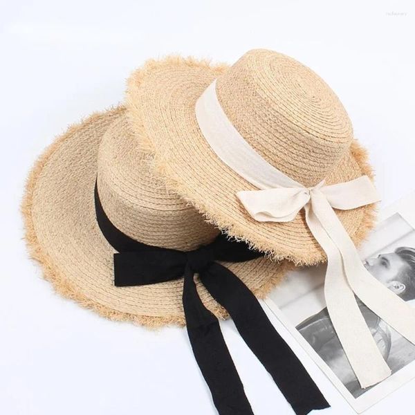 Cappelli larghi brim 2024 Summer Hat Hat Bow Visor Temperamento piatto di paglia piatta da donna vacanza solare per leisure