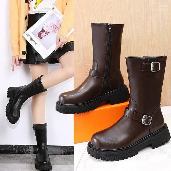 Botas mulheres moda moda e confortável e confortável fivela de estilo ocidental decorativo de salto baixo zíper desgaste lady winter