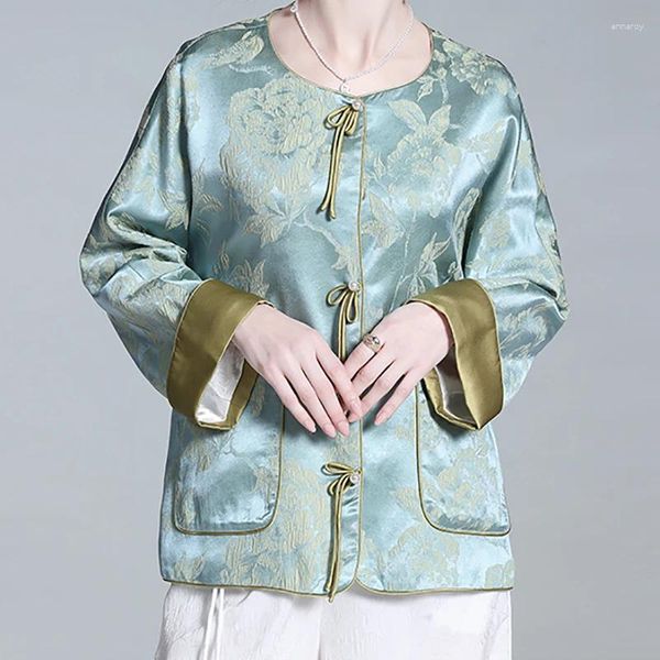 Frauenblusen Evisi Silk Satin Bluse Frau elegantes Blumensticker Hemd Vintage Chinesische Knopf lässig losen Büro Frühling 2024