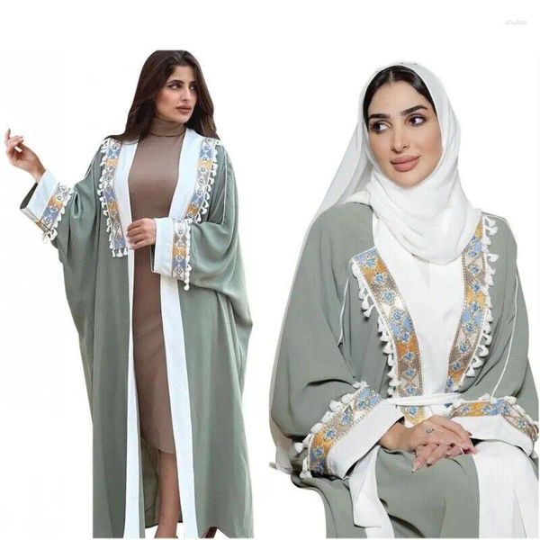 Moda de roupas étnicas Dubai bordou a borda aberta da frente abaya quimono vestidos muçulmanos peru festas femininas cardigan maxi vestido solto manto