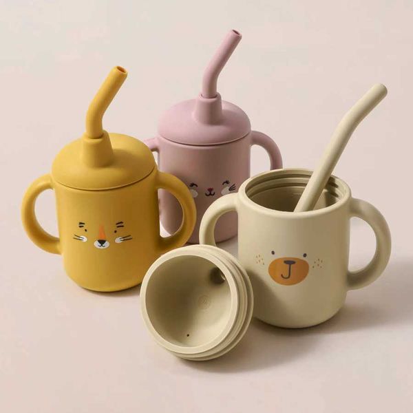 Tassen Gerichte Utensilien Baby Silikon Fütterungstasse mit Griff BPA kostenlos Kinder -Cartoon -Muster lernen Getränke Kinderstroh Cupl2405