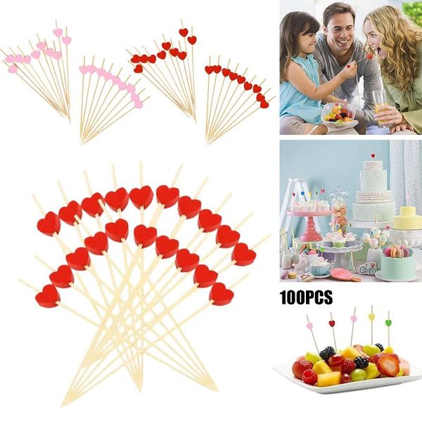 FORCHI 100 pezzi Creative Love Bamboo Fruit Sticks Snack Snack Cocktail spiedini Decorazioni per feste di compleanno di matrimonio