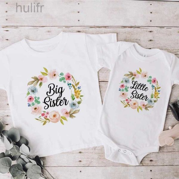 Familienübereinstimmende Outfits Big Schwester Little Schwester Matching Schwester Outfits Blumenkranzgeschwemd Hemd Big Sis Shirt Lil Sis Bodysuit Babyparty D240507
