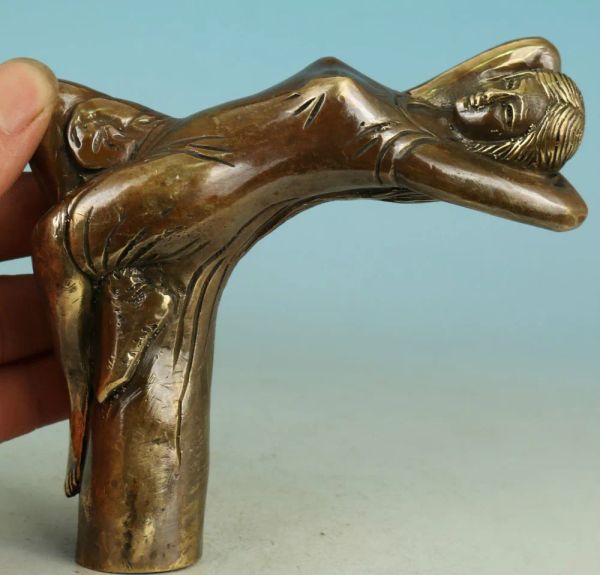 Sculture cinesi vecchia bronzo fatine fatte a mano intagliata raccogliere la statua della testa del bastone da passeggio