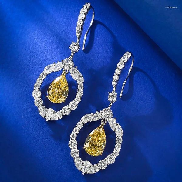 Brincos de garanhão 925 Prata Gancho de orelha de prata Mulheres incrustadas de luxo 8 mm 12 mm em forma de pêra gota de diamante amarelo de alto carbono