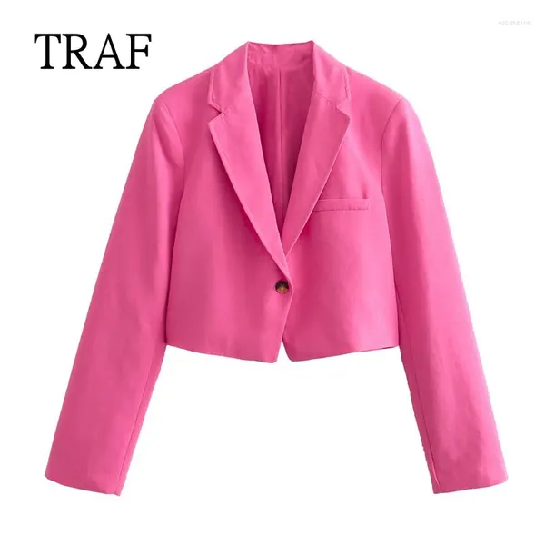 Ternos femininos 2024 Rose Red Mulheres Blazer Botão de Moda de Primavera Blazers Curtos Roupa Mulher Casaco de Manga Longa Casaco Elegante Chiques