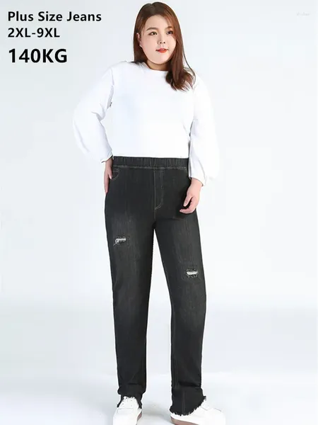 Jeans femminile graffiate donne nere strappate più dimensioni 140 kg 5xl 6xl da 9xl ragazza allungata slim fit matita pantaloni pantaloni alti pantaloni a vita alta