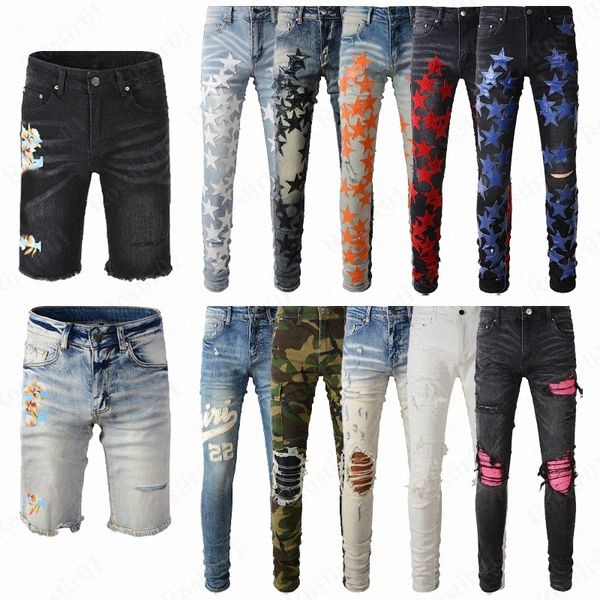 Дизайнерские мужские джинсы amris jeans us размер вышивающие брюки скинни джинсы мужчины, разорванные для тренда хлопковые байки хип -хоп мотоцикл True Jeans 27ek#