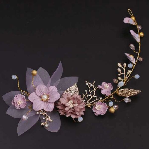 Stirnbänder High -End -Lila Blume Golden Blatt Braut Kopfbedeckung Weiche Tiara de noiva Hochzeit Frisur Accessoires Q240506