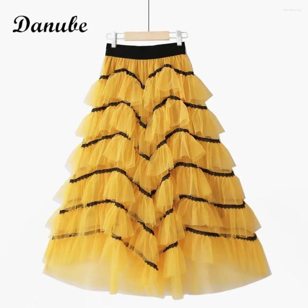 Röcke Vintage Wave Multilayer Tulle Long Women Summer Korean High Taille Tutu weibliche elegante Rüschen Mesh plissierte