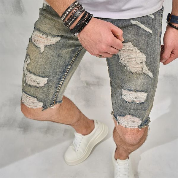 Homens de verão retro rasgado short shorts de jeans elegante estilo de rua homens buracos algodão casual shorts retos 240506