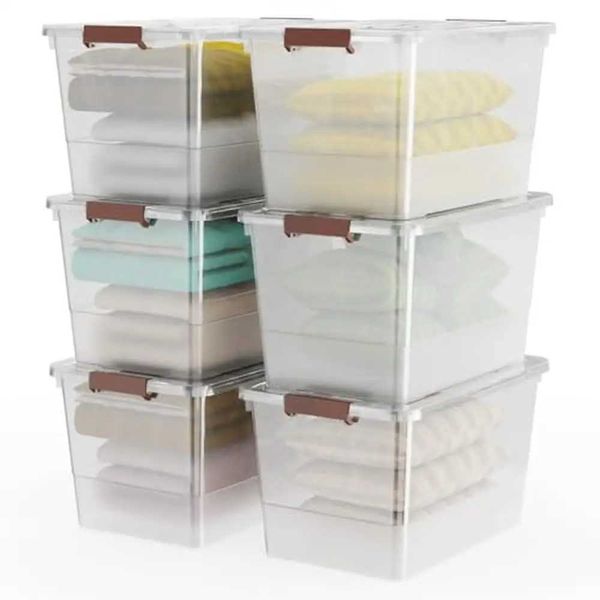 Aufbewahrungsboxen Köpfe Große transparente Plastikschnallen Ablage Box Set 6-Box-Organizer Stapelbar und langlebig mit Lock Home Office Garage Q240506