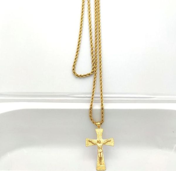 Jesus Crucifix Big Pinging 22k Solid Fine Gold 18ct tailandês Baht G/F Colar 800mm Cadeia de corda Chain Charming Jewelry Hip Hop2970561