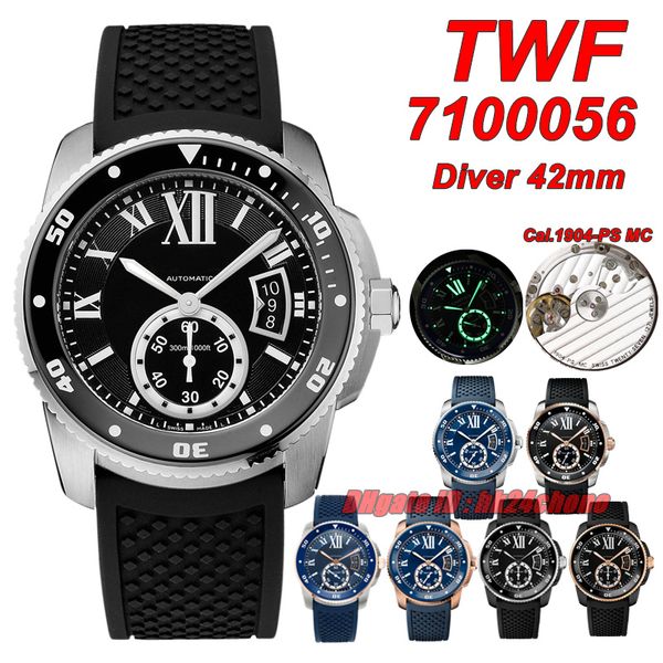 TWF Luxury Watches Tw 7100056 Diver 42mm 1904-PS MC Automático Mens relógio Sapphire Black Dial Strap Gents Relvadores de pulso