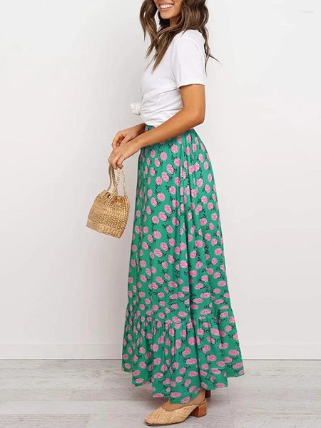 Saias femininas Bohemian Floral Maxi Elastic de cintura alta A-line Salia Ruffle Hem Beach