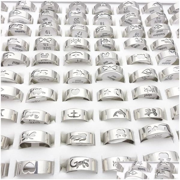 Band Rings Wholesale 100pcs lote masculino feminino aço inoxidável Padrões de corte a laser polido jóias anel de jóias favorita entrega de gota dhzit