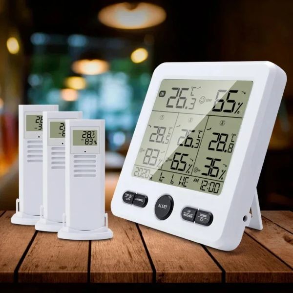 Messgeräte Weather Station Innen-/Outdoor -drahtlose Sensoren Digitales Thermometer Hygrometer LED LCD -Anzeige -Thermometer mit 3 Fernbedienungssensoren
