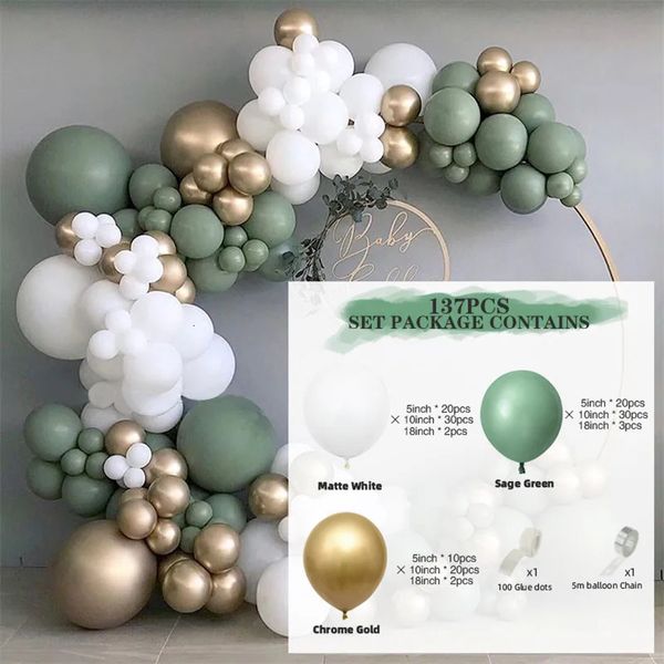 137pcs Sage Green Balloon Garland Arch Kit White Gold Co coriandoli per palloncini di compleanno per matrimoni Decorazioni per la doccia per bambini 240417