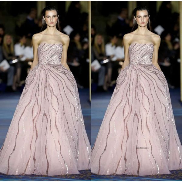 Zuhairmurad haben eine Linie Abendkleider trägerloser ärmellose formelle Kleid Tüll Spitze Pailletten Sweep Train Party Brautjungfernkleid 0431