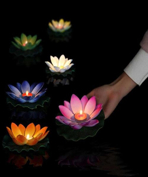 10pcs Multicolor Silk Lotus Lanterna Lanterna Velas Flutuantes Decorações da Piscina Desejando Light Birthday Wedding Party Decoration Sh19094807038