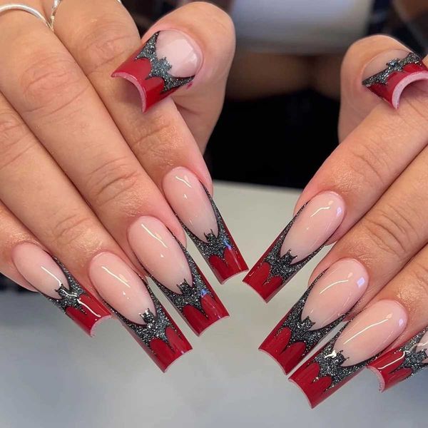 Falso unhas pretas pregos falsos unhas vermelhas francês falsas unhas para meninas mulheres vestíveis capa completa prensa de balé de caixão longo nas dicas de unhas T240507