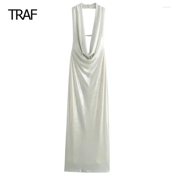 Vestidos casuais vestido de halter midi feminino primavera verão 2024 sem mangas de luxo de festas prateadas e elegantes