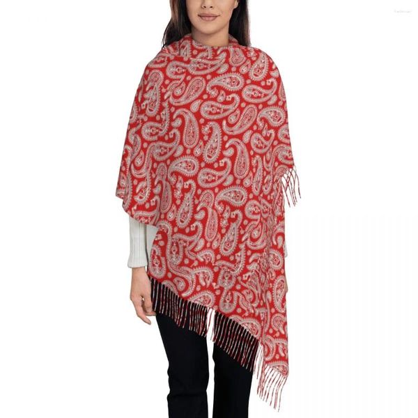 SCARPE ROSSO PAISLEY DESIGN SCARF UOMINI DONNE DONNA RETRO Stampa grande con scialli autunnali di Nappe e avvolgendo la Bufanda all'aperto