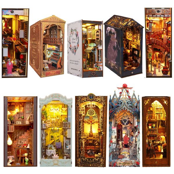 Miniaturas Diy Wooden Book Nook 3D Puzzle Miniature Doll House Kit com Touch Light World Bookshelf Assembly Bookend Livraria Eterna 2023