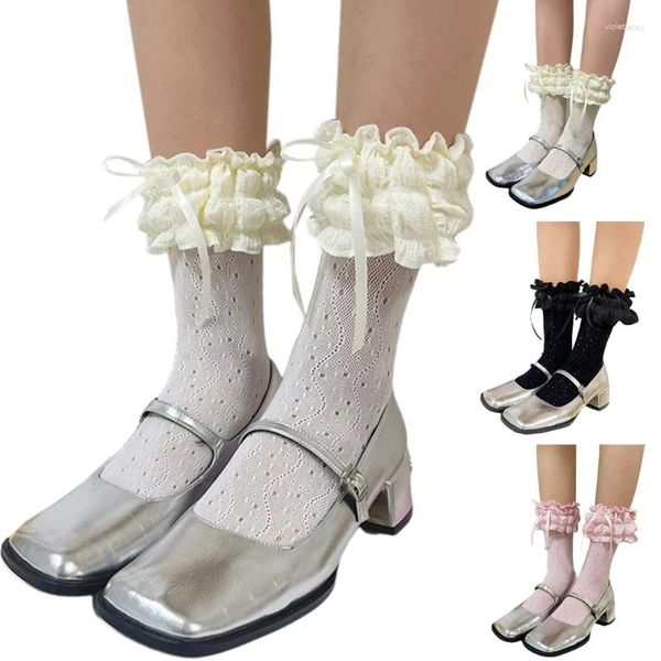 Donne calzini giapponese Sweet Bubble Ruffle Flione del tubo medio per pizzo scavato Bowknot