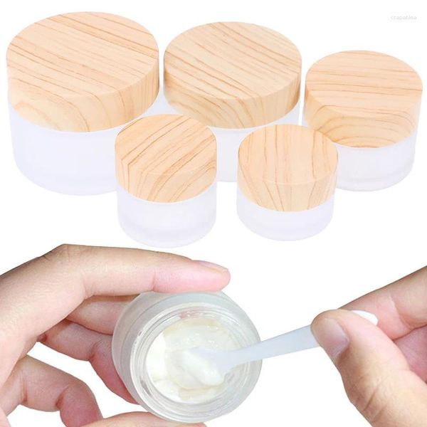 Garrafas de armazenamento 1/5pc 5g 10g 15g 30g 50g de vidro fosco jarra de jarra de pele Creme para os olhos Creme de panela recarregável Recipiente cosmético com grãos de madeira