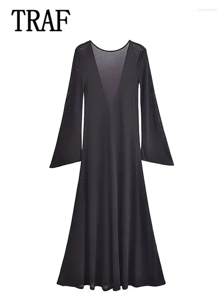Vestidos casuais mulher semi -transparente vestido longo sexy 2024 feminino festa de manga feminina preta para trás sem costas
