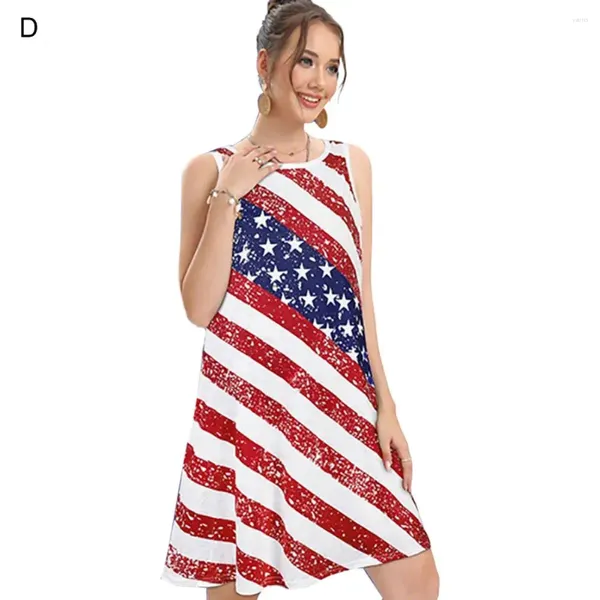 Vestidos casuais A-line Dress Patriótico Mini sem mangas com estampa de estrela estampa American National Flag for Independence