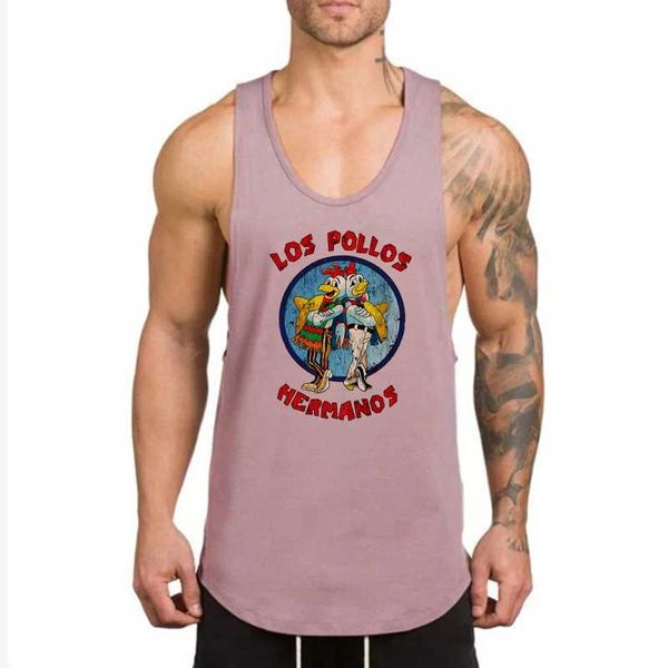 Tanques masculinos tops los pollos hermanos engraçado tanque de fitness tampas de fitness texugo masculino esporte de camisa de algodão de algodão de algodão de ginástica de ginástica y240507