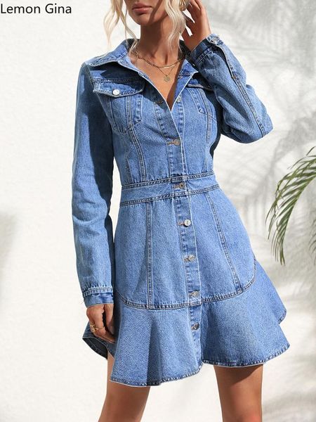 Vestidos casuais limão gina feminino jeans de peito de pavilhas de bainha de aniversário de sereia 2024 street moda jean tunic vestidos