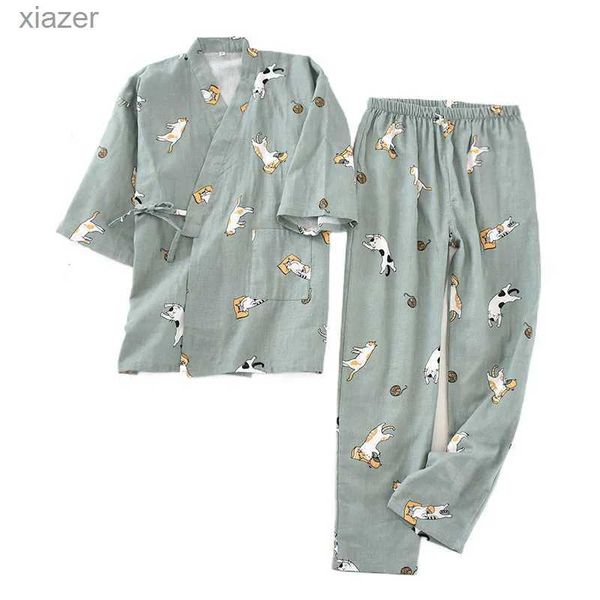 Kadın pijama kadınları kimono pijama ev giyim kedi baskı karikatür tasarım uzun pantolon pijama bahar/yaz kadın pijama de mujer wx