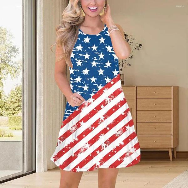 Vestidos casuais estrelas listras estampas vestidos patrióticos mini sem mangas com estrela listrada nacional americano para independência