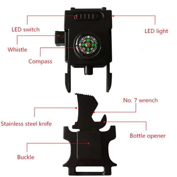 Kits de primeiros socorros de bússola com luz de luz de luz de luz de luz LED PARACORD BURCELTE SUBRERVIR FERRAMENTAS Sobrevivência Whistle Fivelele