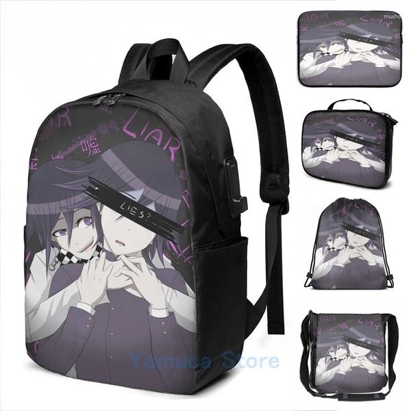 Mochila Impressão gráfica engraçada Prima pré-jogo Kokichi ouma Danganronpa USB Charge Men Bags Escola Bolsa Bola Laptop de Viagem