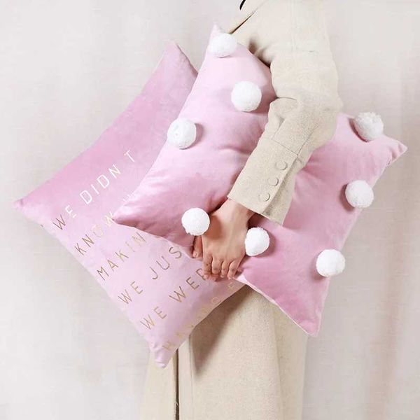 Yastık/Dekoratif Pembe Velvet Kılıf INS 3D Desen Sevimli Kürk Top Sofa Korece Ofis Yastık Kapağı 45x45cm Prenses Dekorasyon