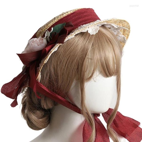 Weitkrempeln Hats handgefertigte Frauen 1800er Viktorianer Hochzeit Tea Party Hut Motorhaube flache Farbe Blume Sonne Strohwebel