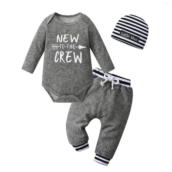 Roupas Conjuntos de roupas Spring Autumn Born Baby Boy 3pcs Caso Conjunto de moda Cartas de moda Impressa Romper Bodysuit Top calças listradas Roupas de chapéu