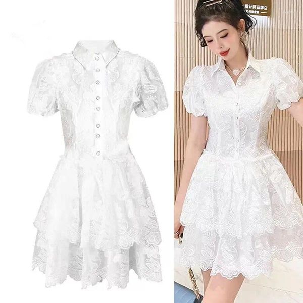 Abiti per feste francese estate bianca maglia ricamo in pizzo mini abito donna donna in lavano a petto a manicotto sbuffi per maniche da soffio principessa vestidos