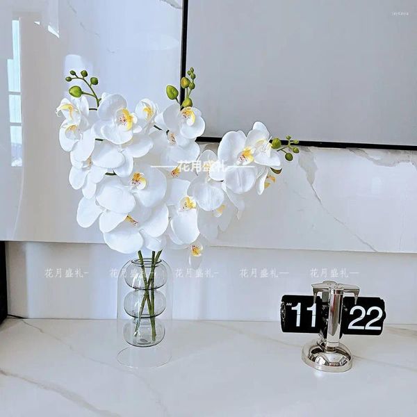 Flores decorativas Phalaenopsis Simulação Flor 3D Textura do filme europeu Arranjo de mesa com 8 cabeças