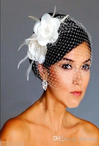 Veli per uccelli fiori bianchi fiori piuma velo velo da sposa pezzi di capelli da sposa accessori da sposa berretto cappello velo hat9263049